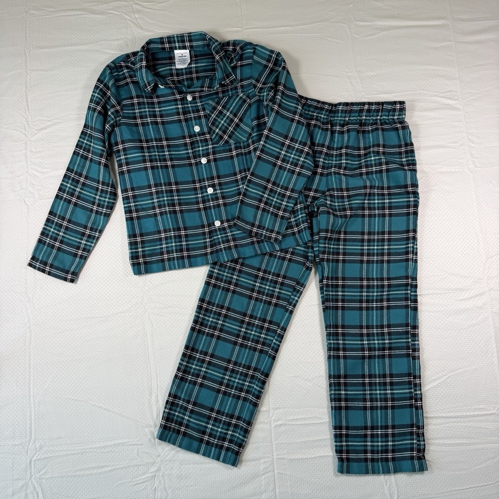 Draper James Lands End Girls 8 Plaid Flannel Pajama Set Teal Black Button PJ
